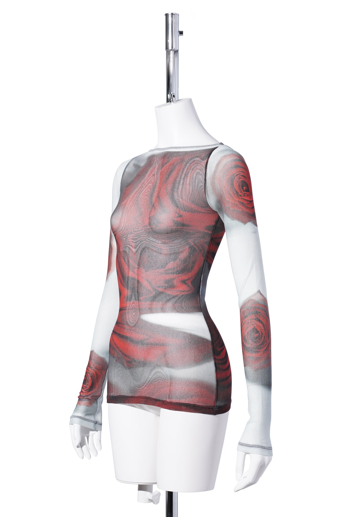 MESH BOAT NECK TOP WITH LONG SLEEVES PRINTED "BLURRY ROSES" / WHITE/GREY/RED