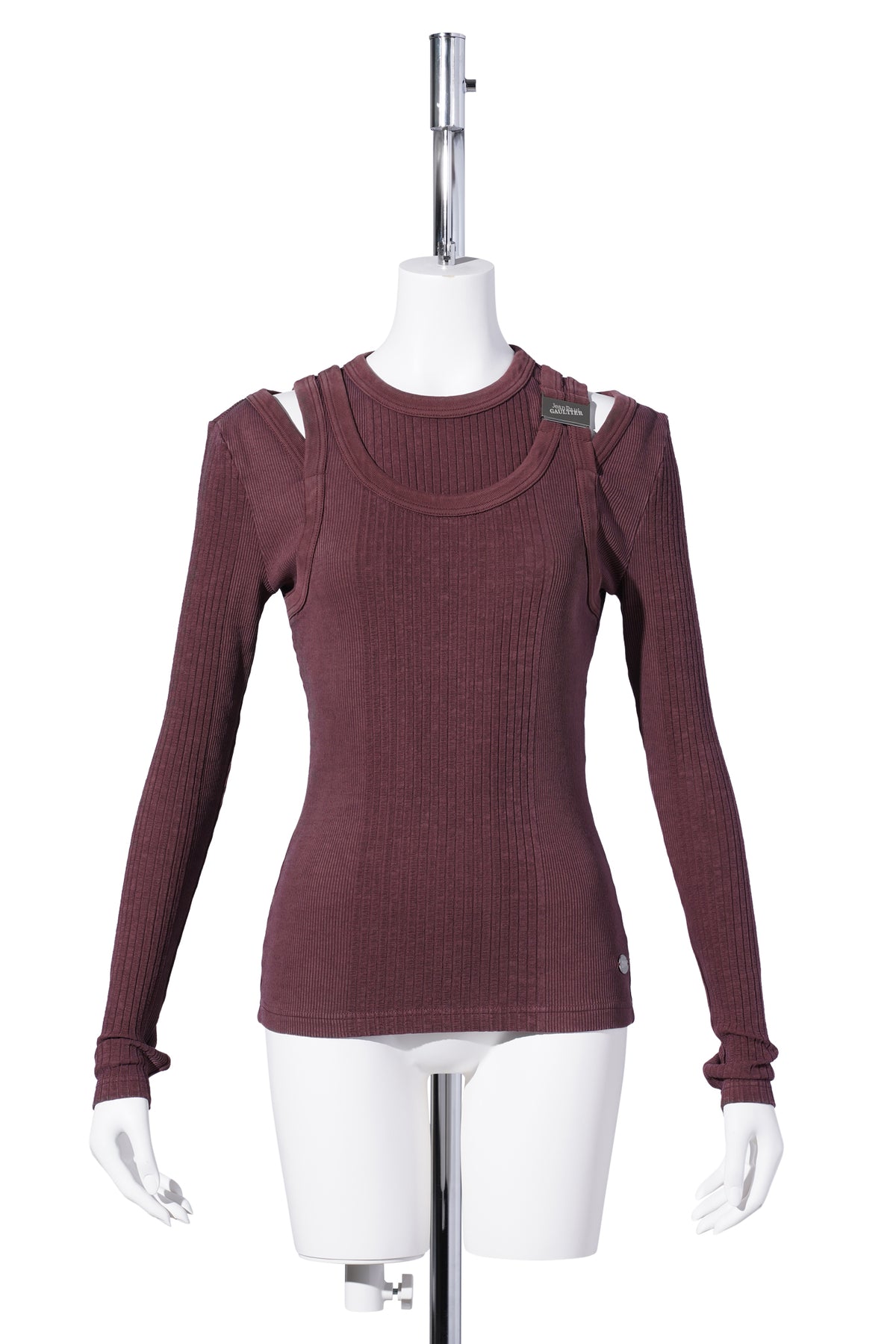 STRETCH COTTON RIB CUT OUT TOP WITH ENGRAVED FASTENER / BURGUNDY – GR8