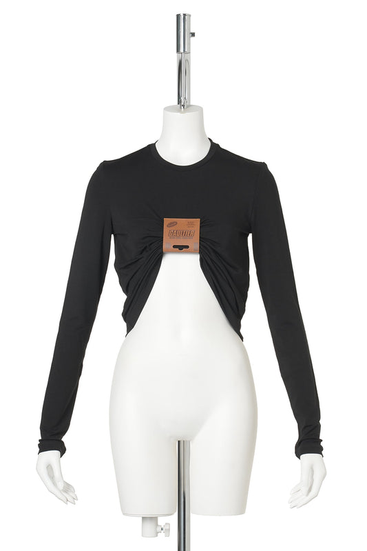 STRETCH VISCOSE JERSEY LONG SLEEVES TOP WITH LEATHER TAG DETAIL / 00:BLACK