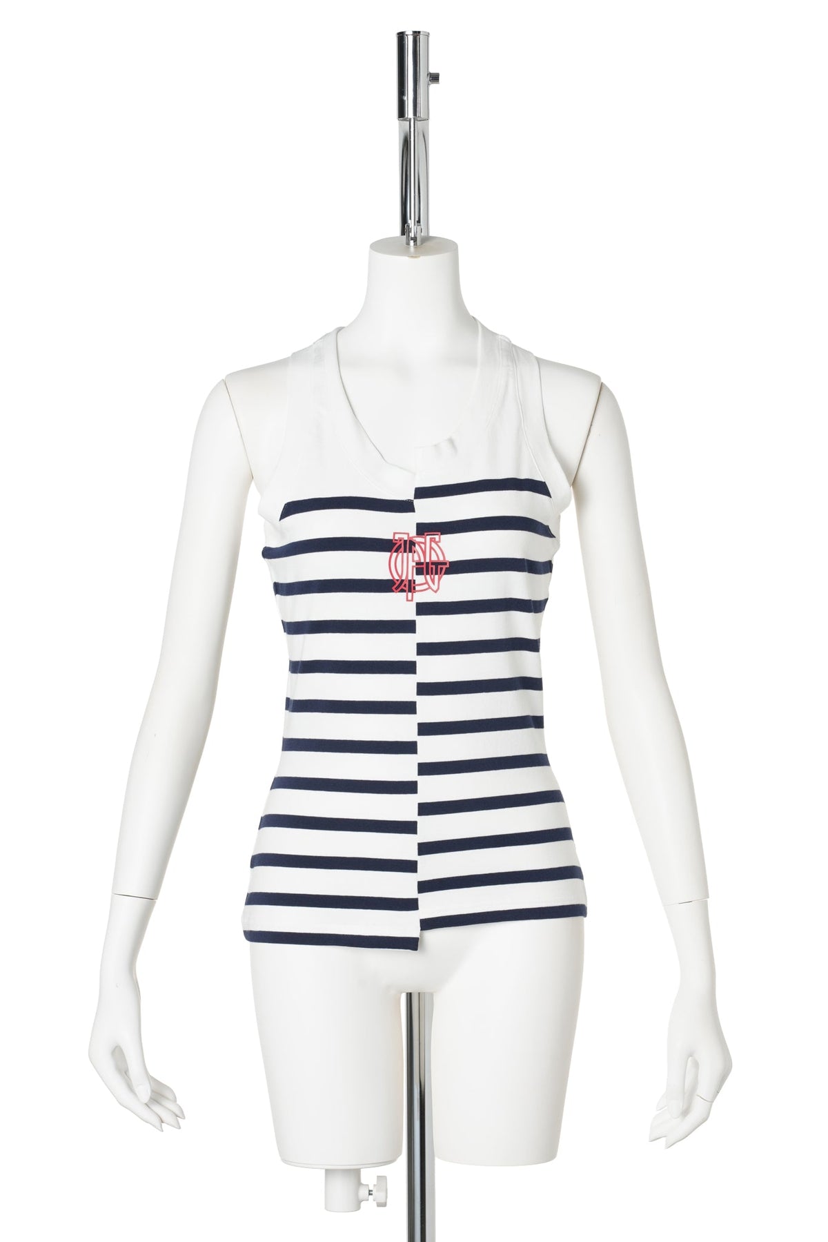 STRETCH COTTON ASYMETRIC TANK TOP KNITTED MARINIERE WITH LOGO DETAIL / 0159:WHITE/NAVY
