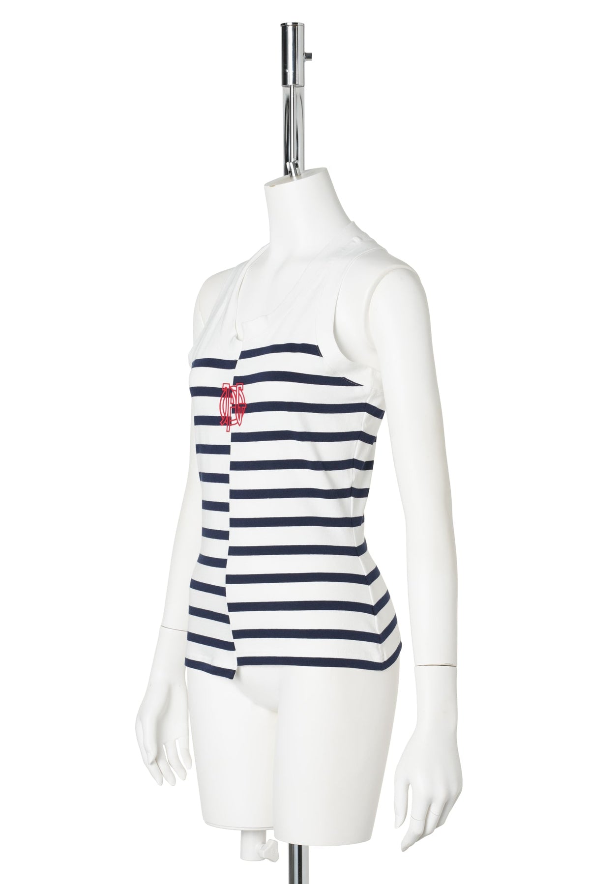 STRETCH COTTON ASYMETRIC TANK TOP KNITTED MARINIERE WITH LOGO DETAIL / 0159:WHITE/NAVY