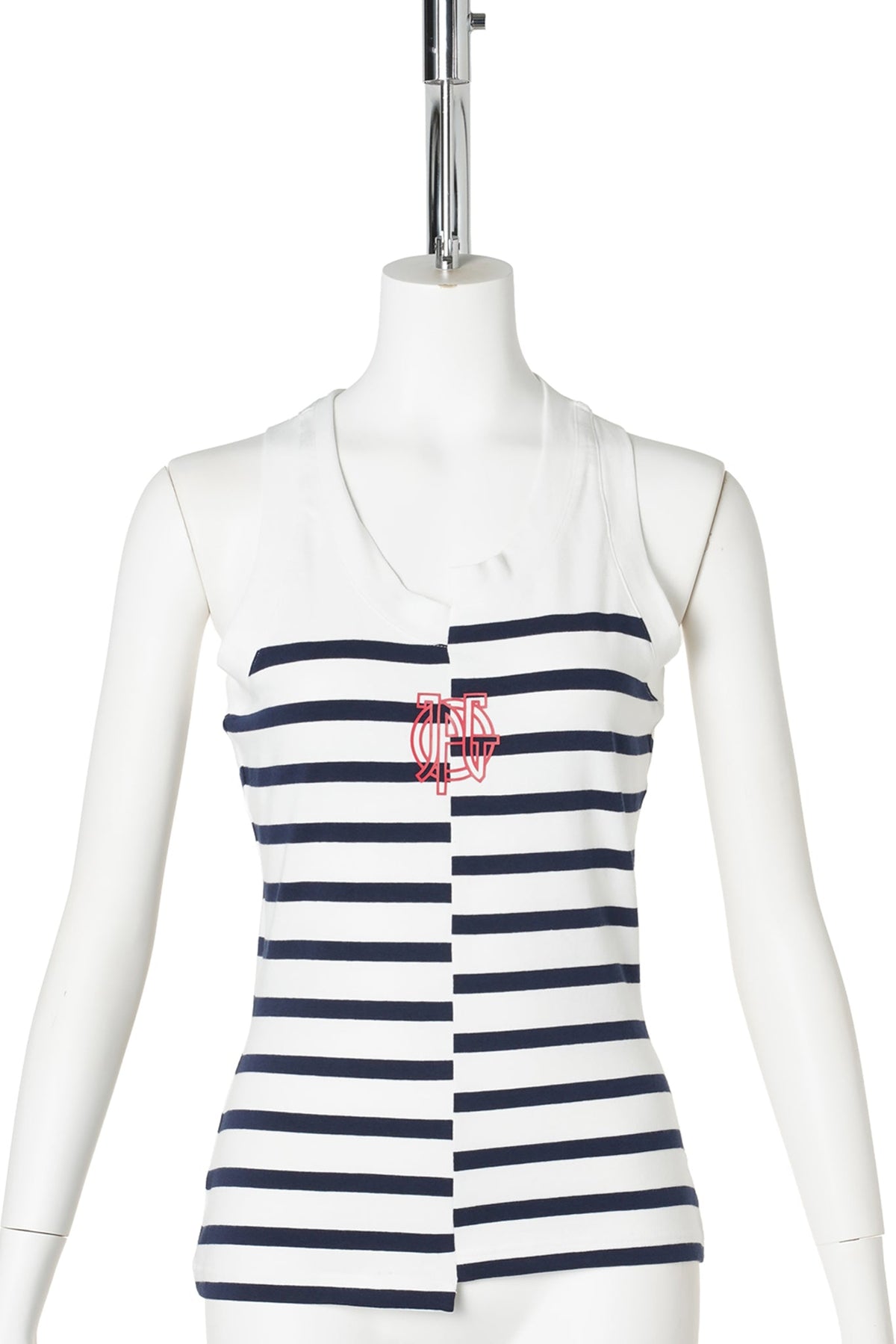 STRETCH COTTON ASYMETRIC TANK TOP KNITTED MARINIERE WITH LOGO DETAIL / 0159:WHITE/NAVY