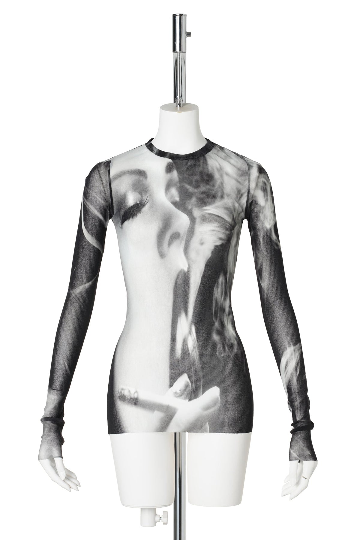 MESH LONG SLEEVES TOP PRINTED "SMOKING WOMEN" / 000201:BLACK/GREY/WHITE
