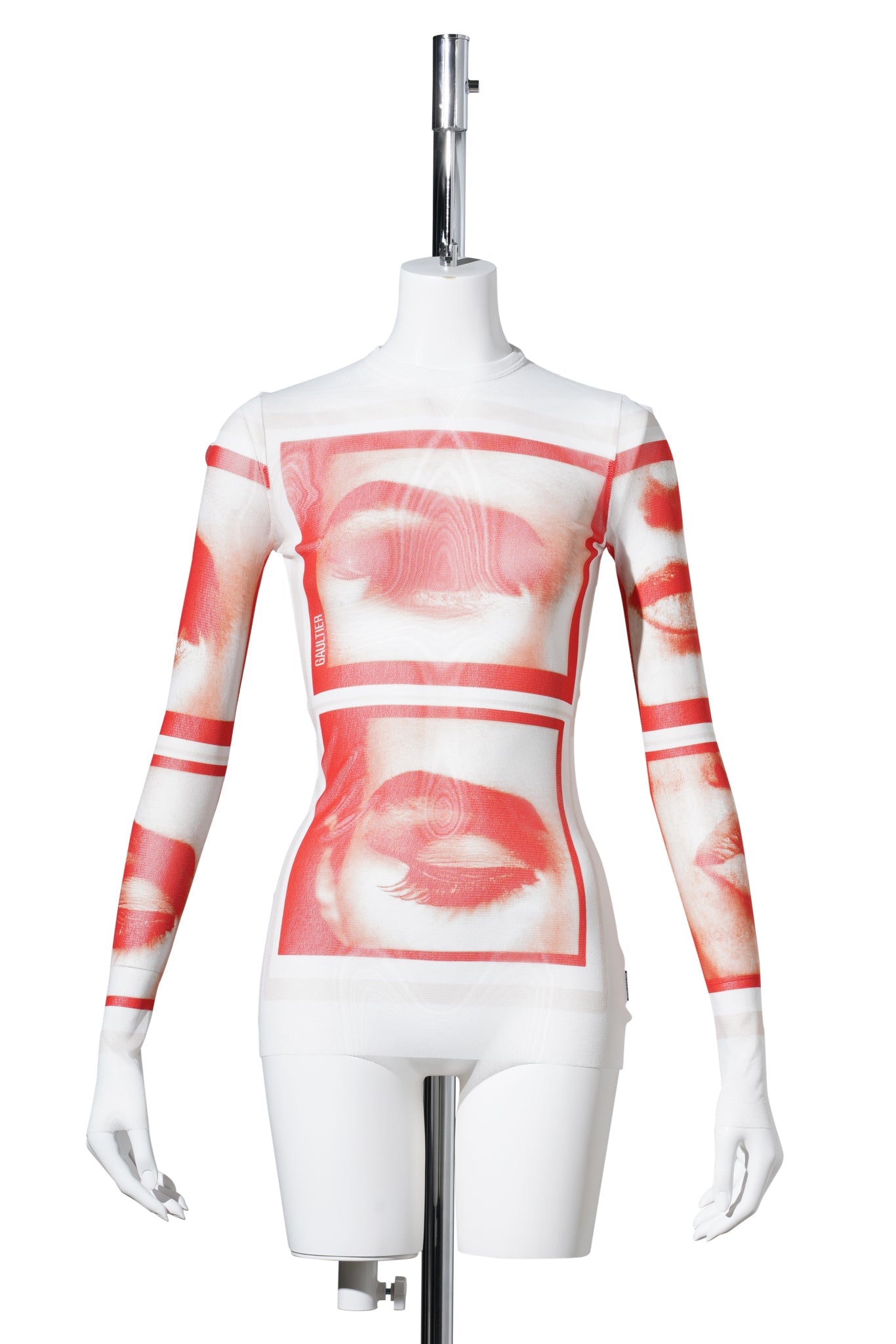 RE-EDITION:MESH LONGSLEEVE TOP PRINTED "EYES" AND "LIPS" / WHITE/RED/LIGHT ORANGE