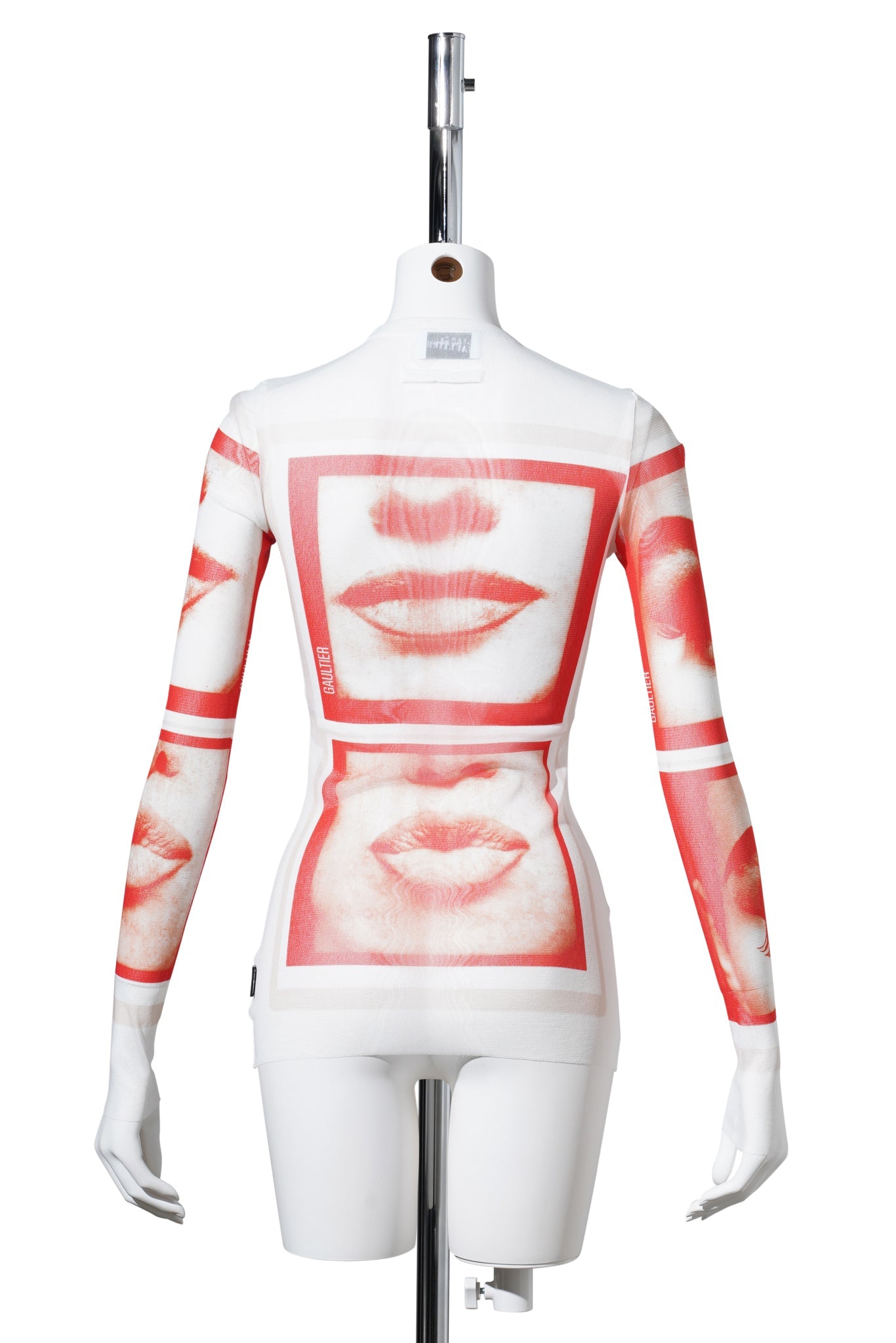 RE-EDITION:MESH LONGSLEEVE TOP PRINTED "EYES" AND "LIPS" / WHITE/RED/LIGHT ORANGE