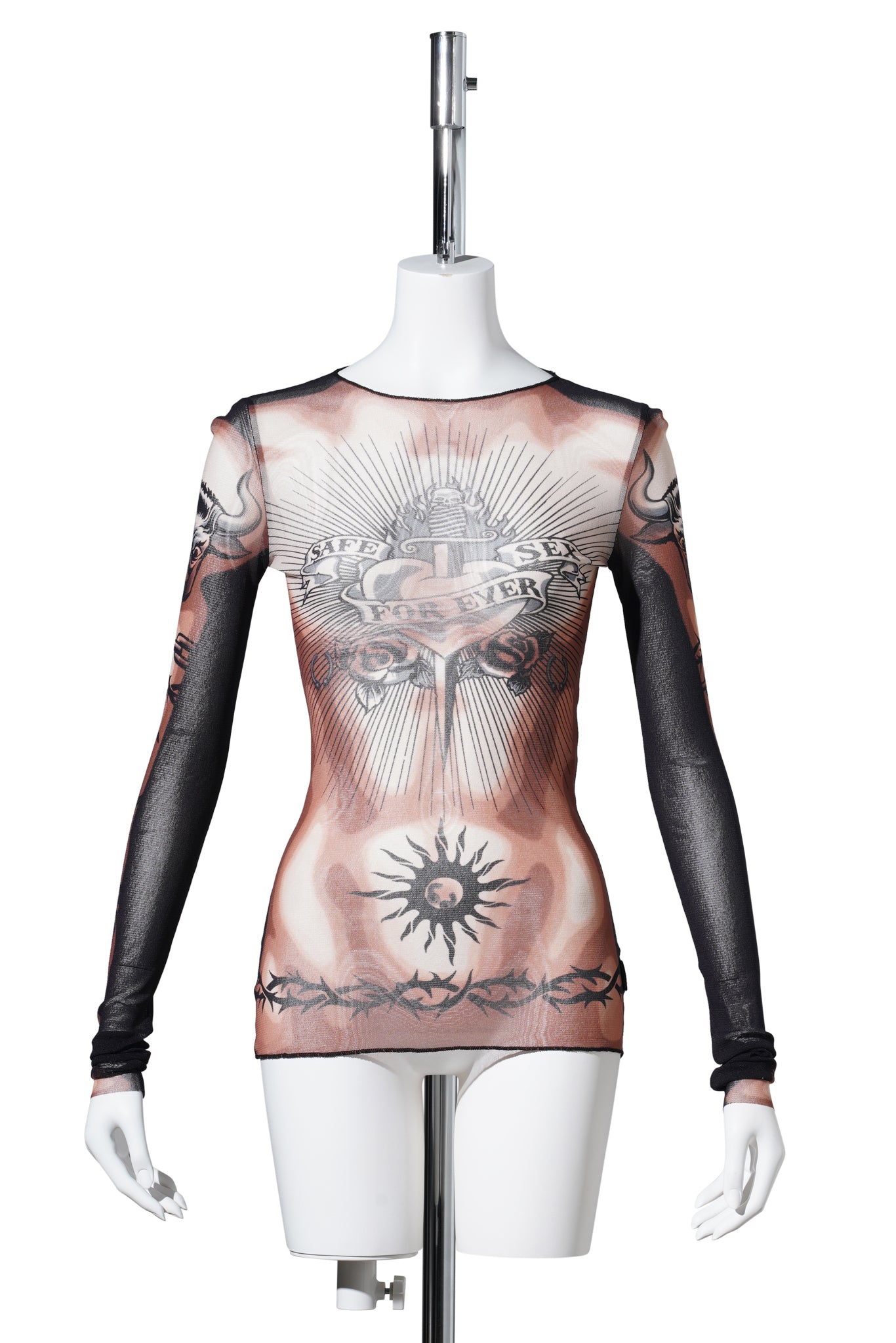 RE-EDITION:LONG SLEEVES CREW NECK TOP-PRINTED "SAFE SEX TATOO" / NUDE/BROWN/BLACK