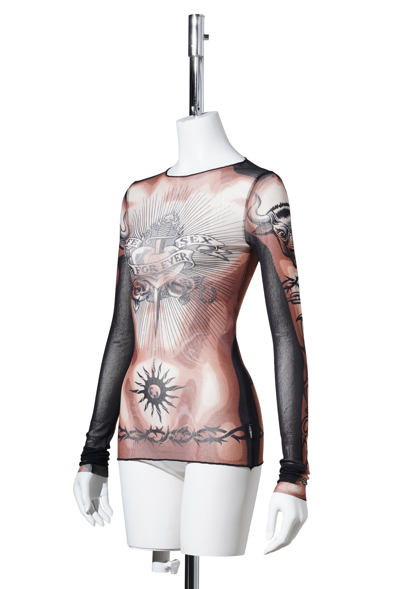 RE-EDITION:LONG SLEEVES CREW NECK TOP-PRINTED "SAFE SEX TATOO" / NUDE/BROWN/BLACK