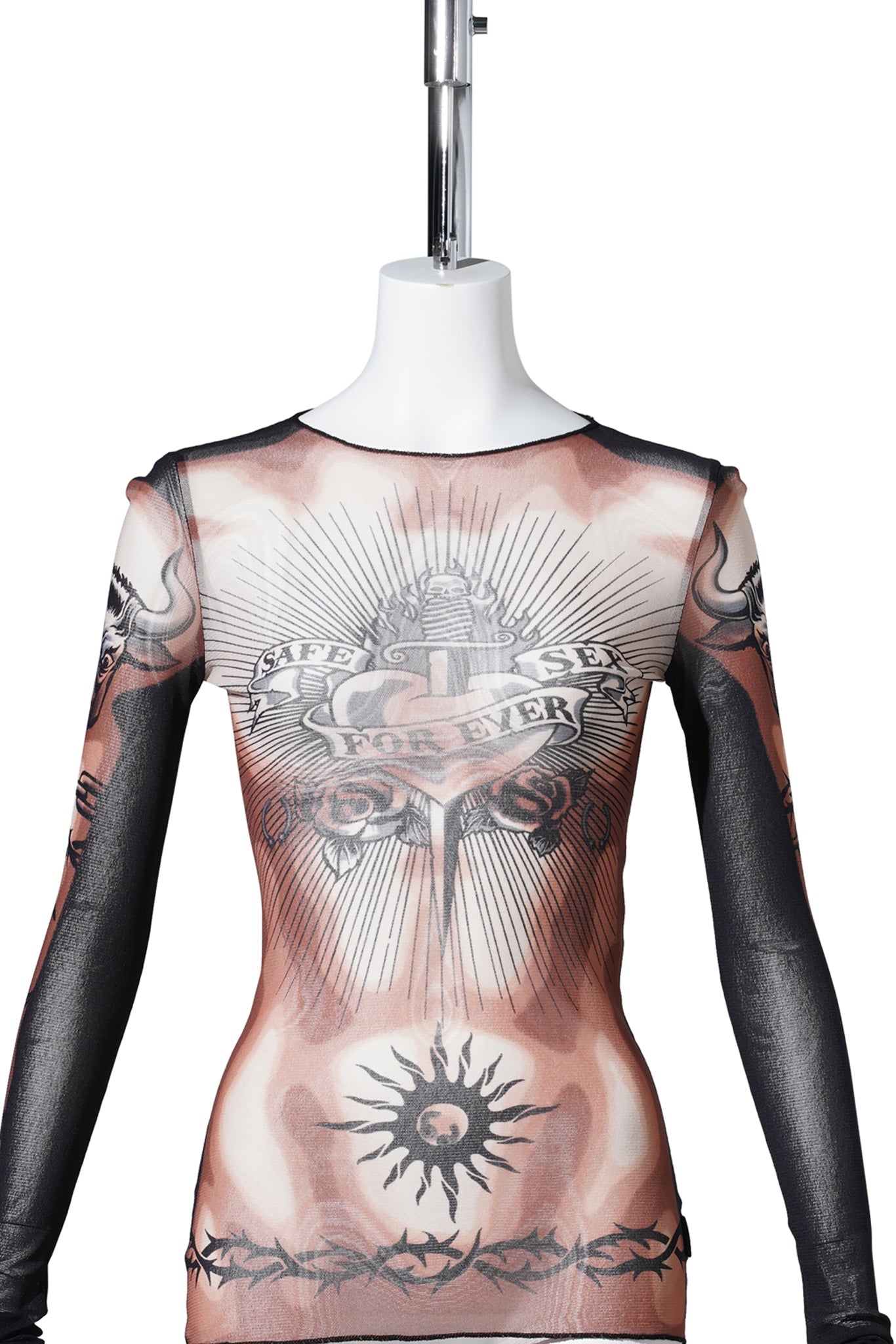 RE-EDITION:LONG SLEEVES CREW NECK TOP-PRINTED "SAFE SEX TATOO" / NUDE/BROWN/BLACK