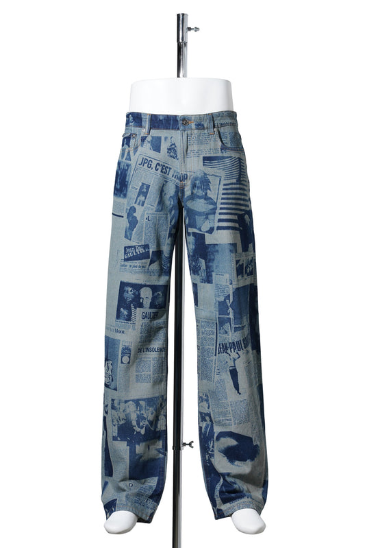 JEANS WITH NEWSPAPER PRINT / INDIGO/BEIGE