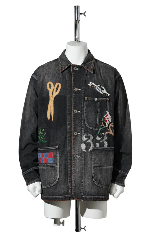 HAND-EMBROIDERED DENIM COVERALL / BLACK