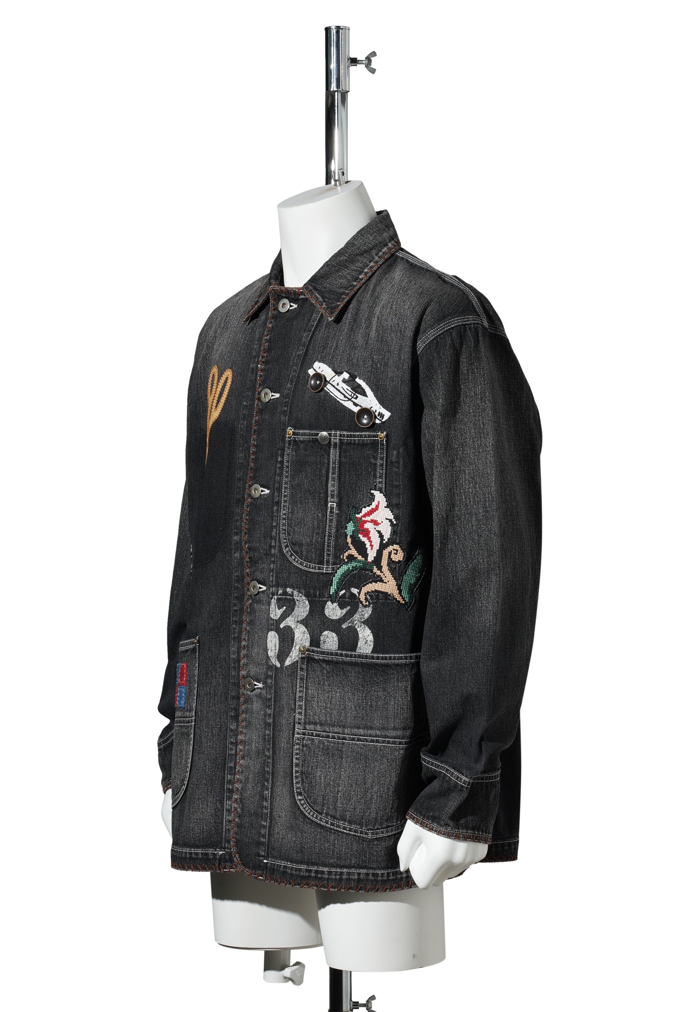 HAND-EMBROIDERED DENIM COVERALL / BLACK