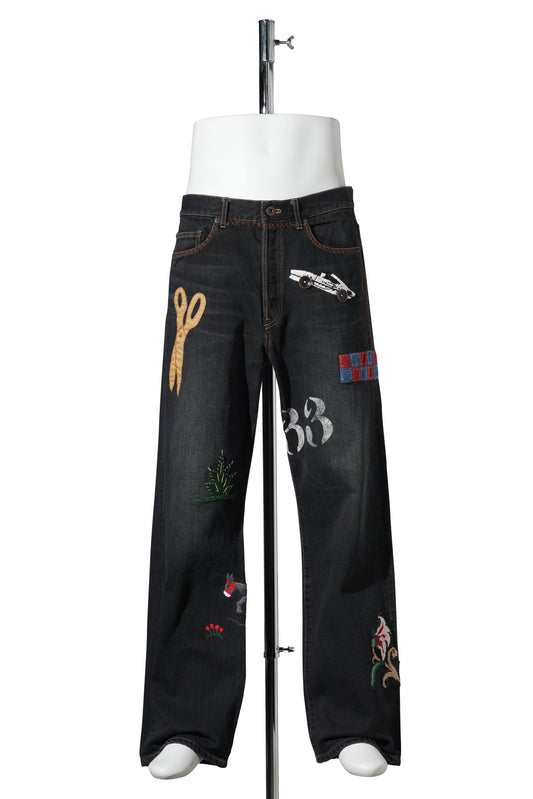 HAND-EMBROIDERED DENIM PANTS / BLACK