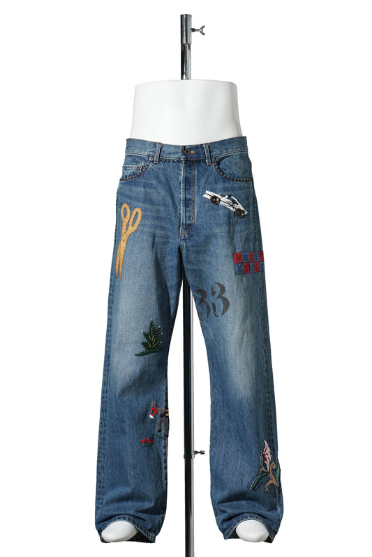 HAND-EMBROIDERED DENIM PANTS / INDIGO
