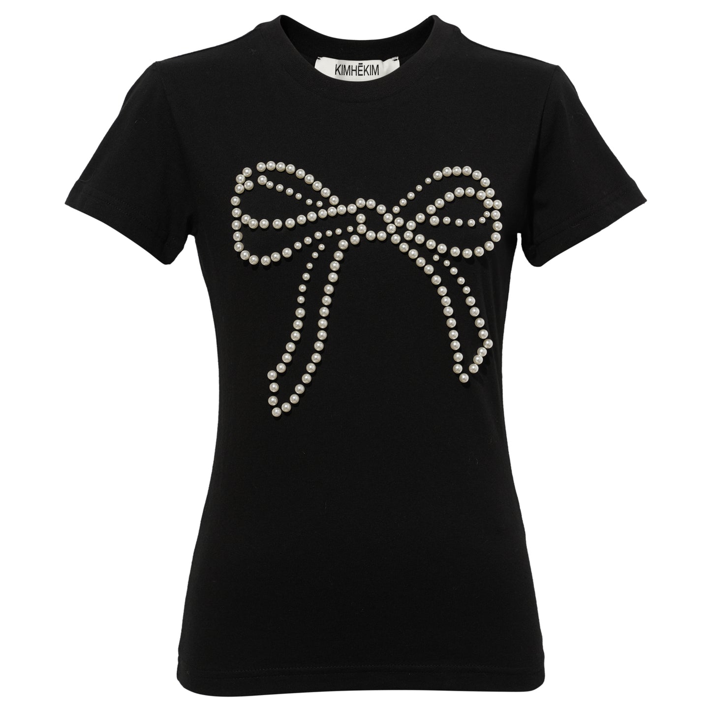 PEARL EMBELLISHED BOW SLIM T-SHIRT / BLACK