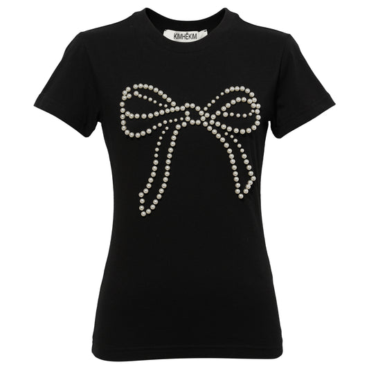 PEARL EMBELLISHED BOW SLIM T-SHIRT / BLACK
