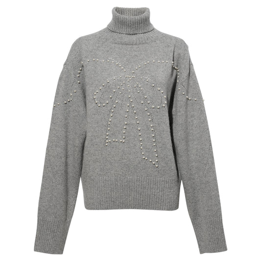 PEARL EMBELLISHED POINTELLE SWEATER / GREY