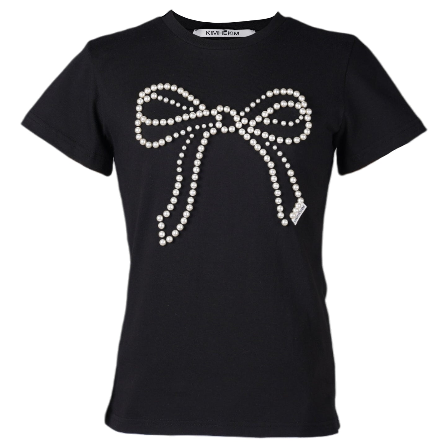 PEARL EMBELLISHED BOW SLIM T-SHIRT / BLACK