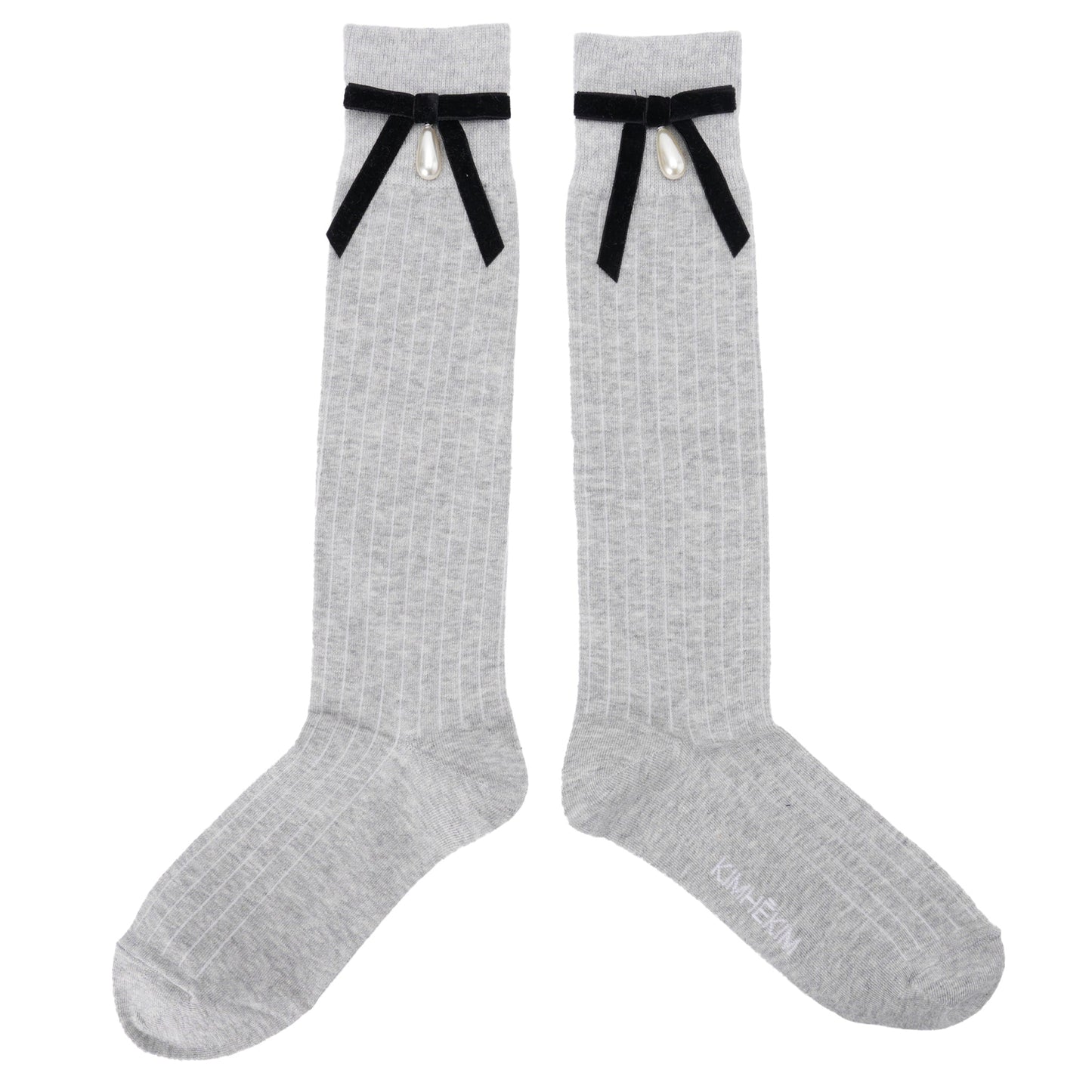 PEARL RIBBON DETAIL COTTON -BLENDED KNEE-HIGH SOCKS / GREY