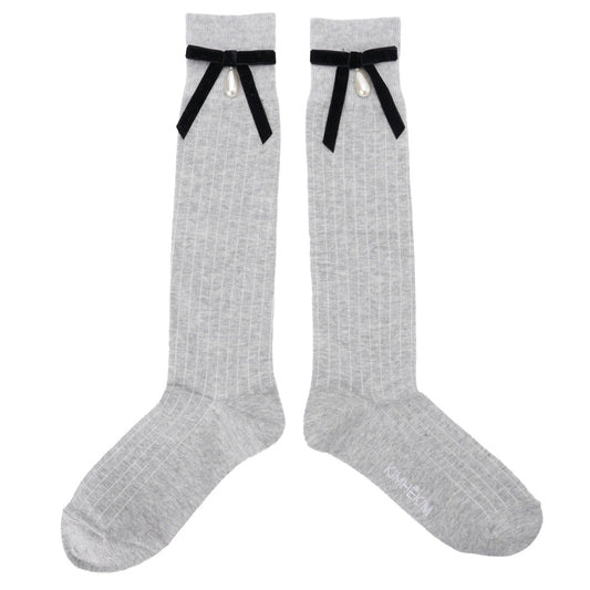 PEARL RIBBON DETAIL COTTON -BLENDED KNEE-HIGH SOCKS / GREY