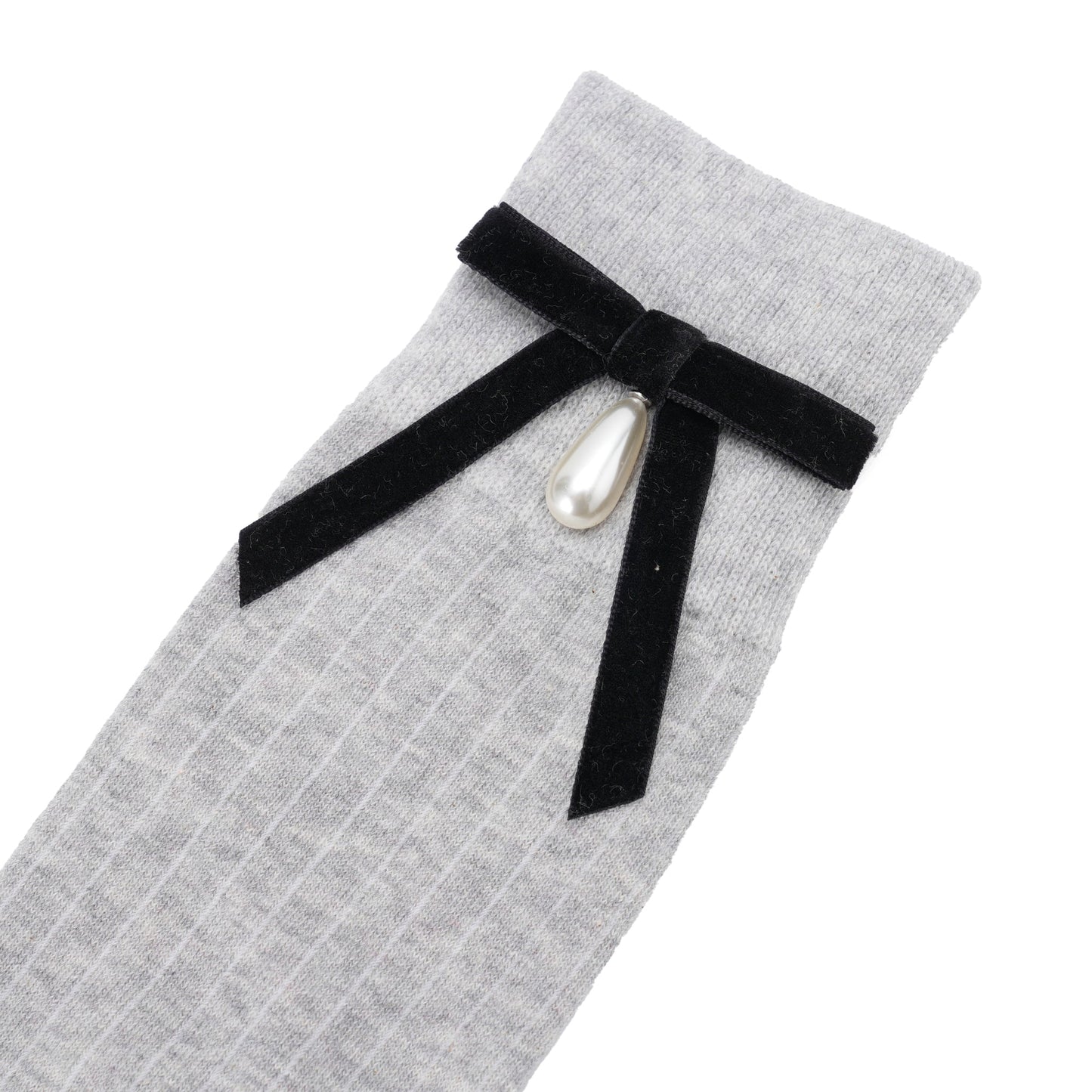 PEARL RIBBON DETAIL COTTON -BLENDED KNEE-HIGH SOCKS / GREY