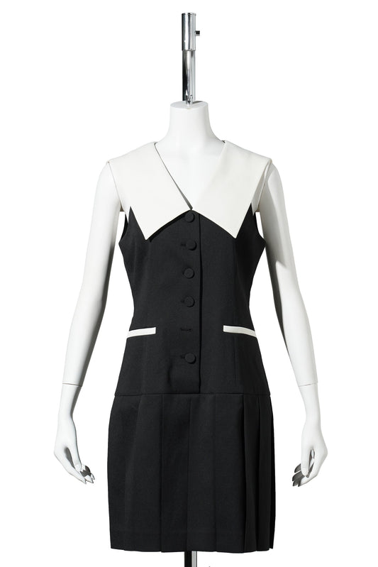 MALEVICH SAILOR COLLAR PLEATED SLEEVELESS DRESS / BLACK/IVORY