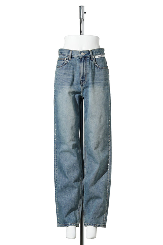 PEARL EMBELLISHED BOYFRIEND-FIT JEANS / BLUE