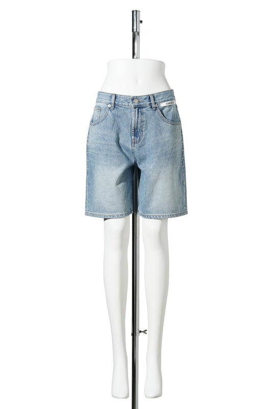 PEARL EMBELLISHED DENIM SHORTS / SKY BLUE