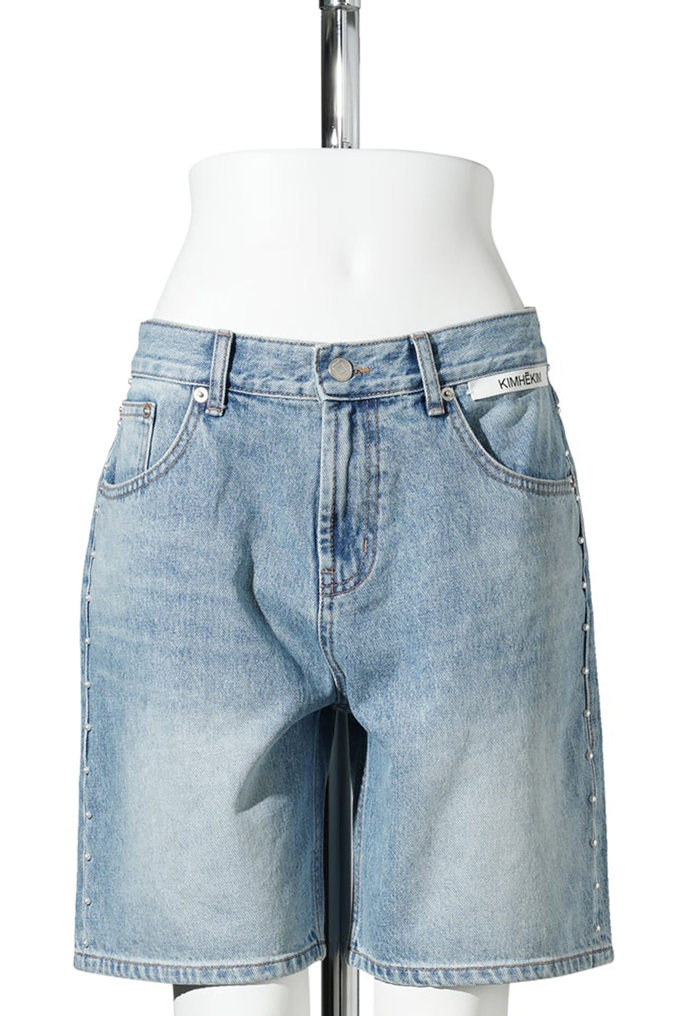 PEARL EMBELLISHED DENIM SHORTS / SKY BLUE