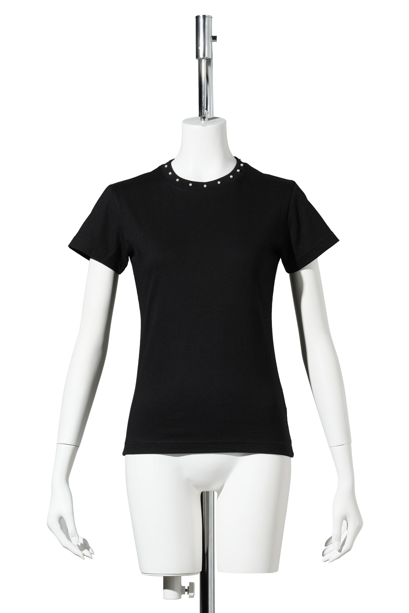 PEARL EMBELLISHED NECK LINE SLIM FIT T-SHIRT / BLACK