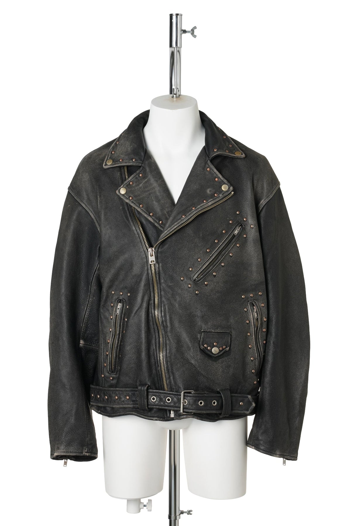 DISTRESSED LEATHER STUDDED BIKER JACKET / BLACK