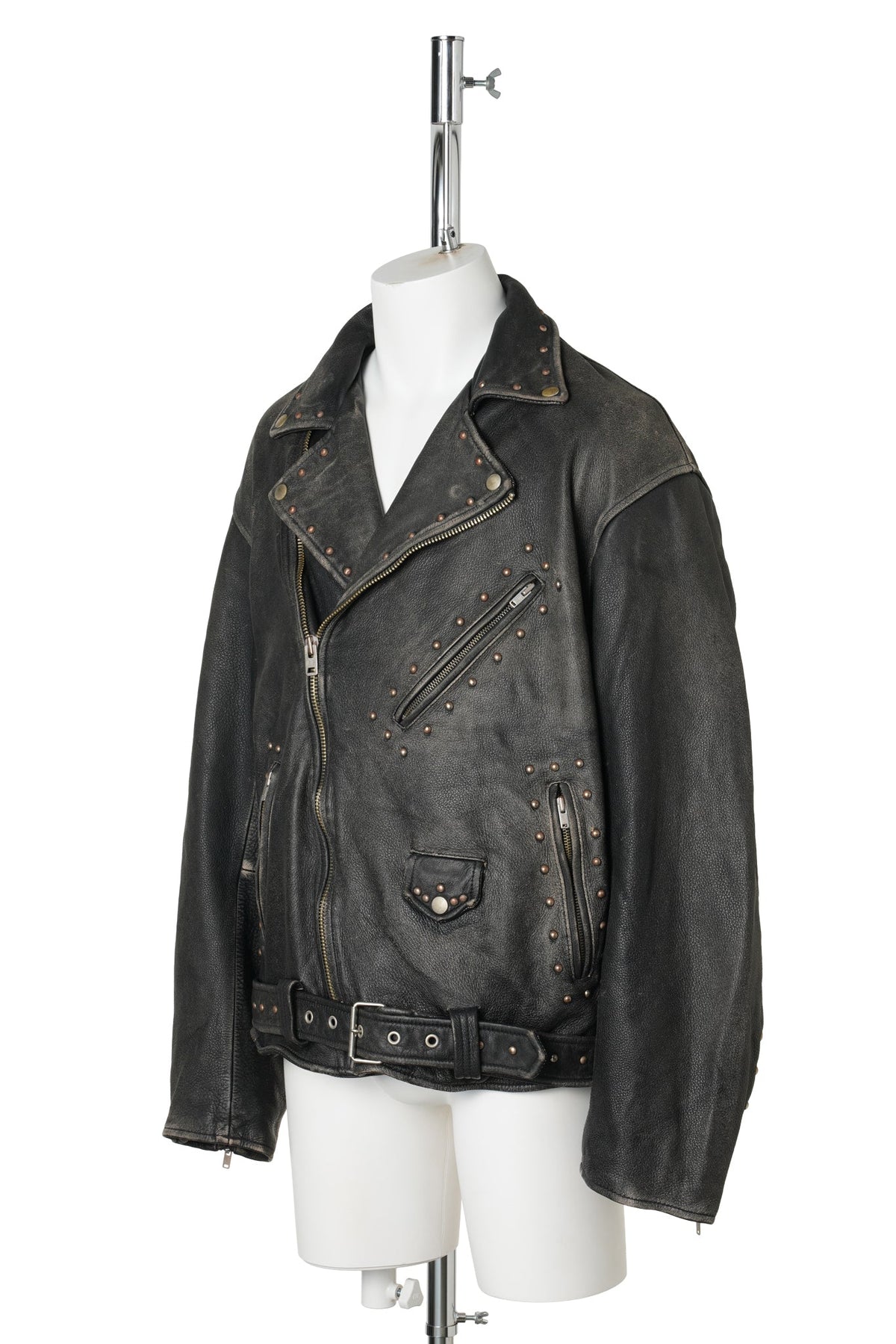 DISTRESSED LEATHER STUDDED BIKER JACKET / BLACK