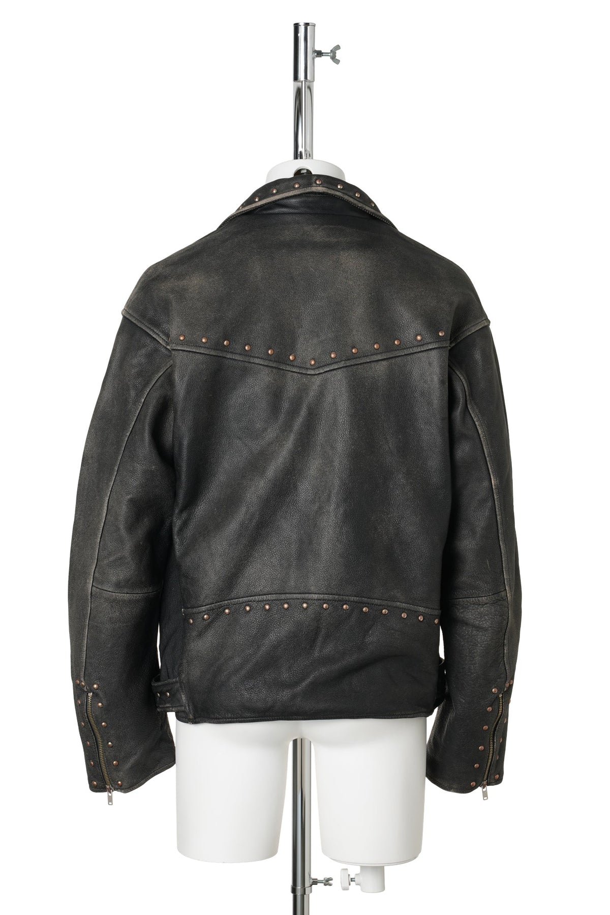 DISTRESSED LEATHER STUDDED BIKER JACKET / BLACK
