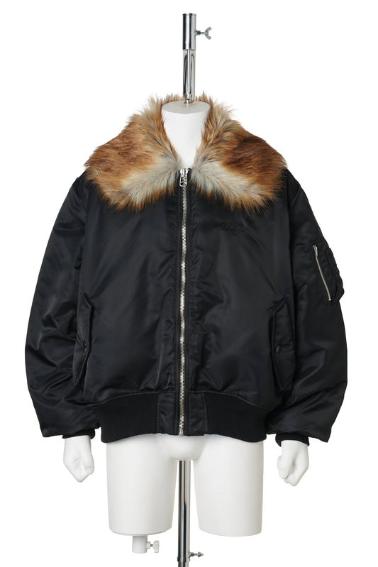 EMBROIDERED FUR COLLAR FLIGHT JACKET / BLACK