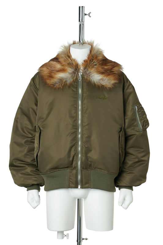 EMBROIDERED FUR COLLAR FLIGHT JACKET / KHAKI