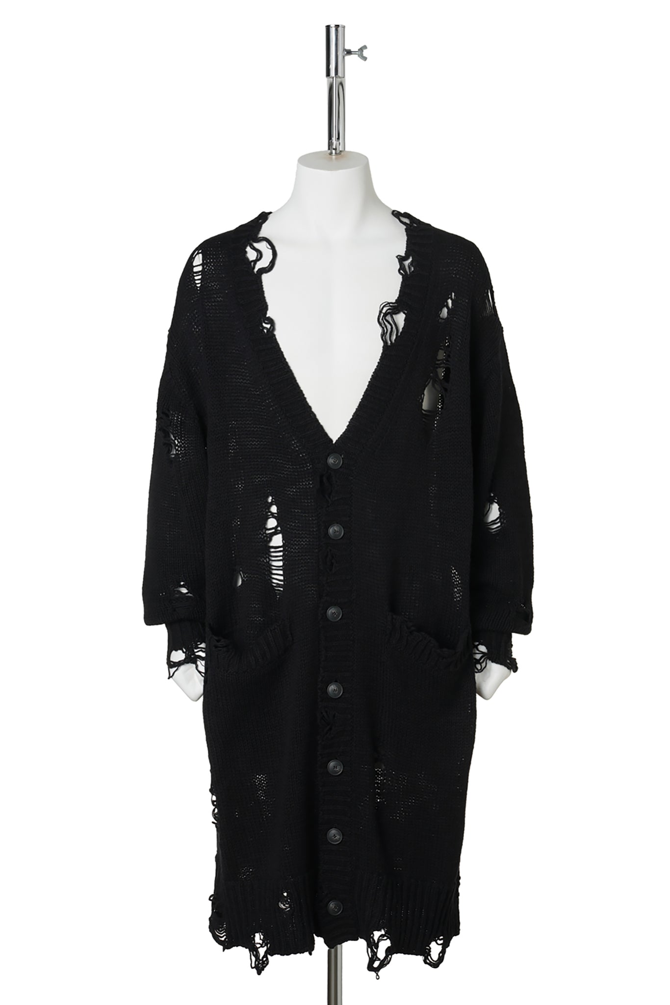 DAMAGED LOW-GAUGE LONG CARDIGAN / BLACK