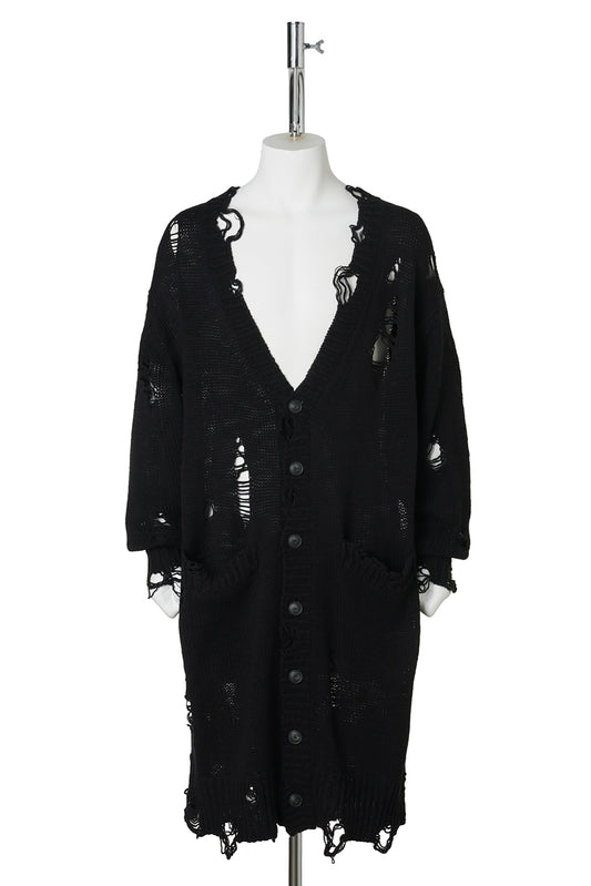 DAMAGED LOW-GAUGE LONG CARDIGAN / BLACK