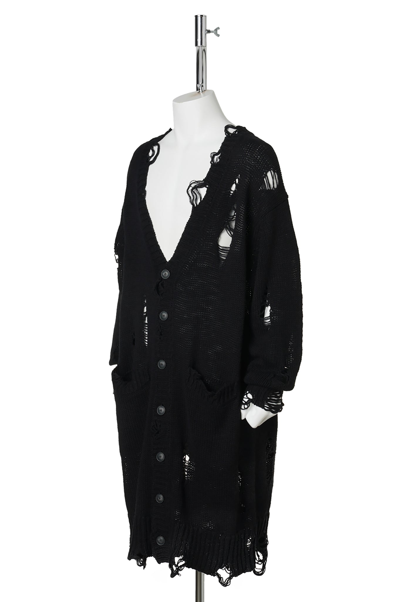 DAMAGED LOW-GAUGE LONG CARDIGAN / BLACK