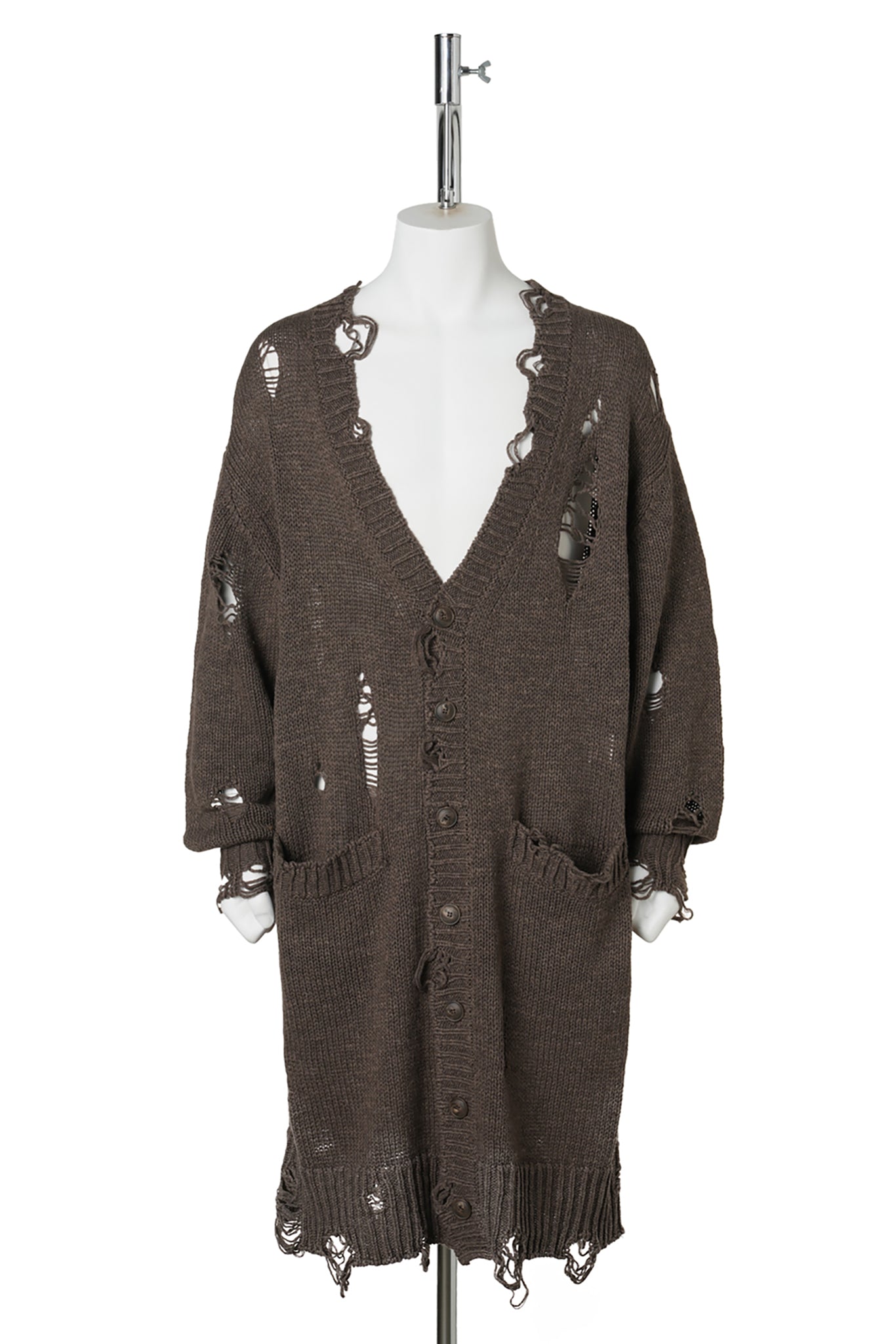 DAMAGED LOW-GAUGE LONG CARDIGAN / BROWN