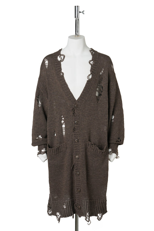 DAMAGED LOW-GAUGE LONG CARDIGAN / BROWN
