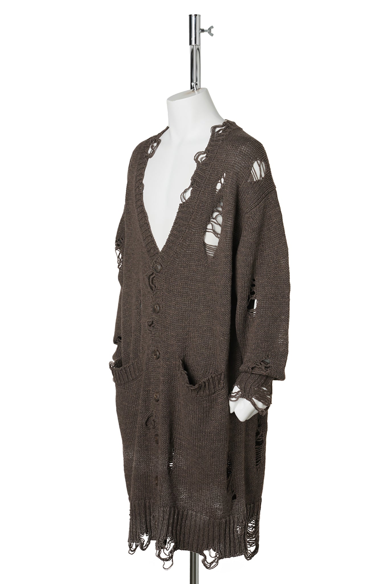 DAMAGED LOW-GAUGE LONG CARDIGAN / BROWN