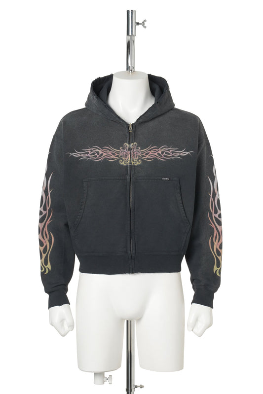 "FLAME KMY" ZIP SHORT HOODIE / BLACK