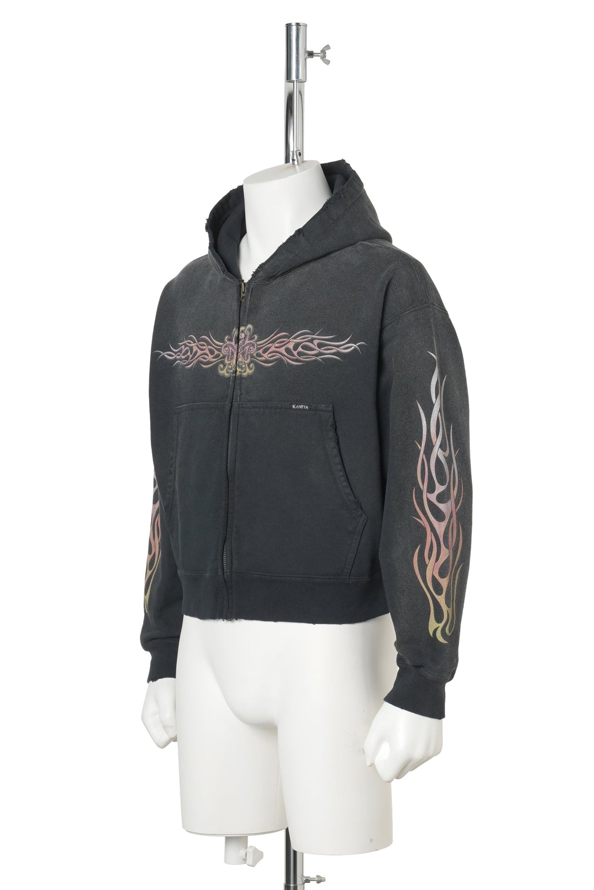 "FLAME KMY" ZIP SHORT HOODIE / BLACK