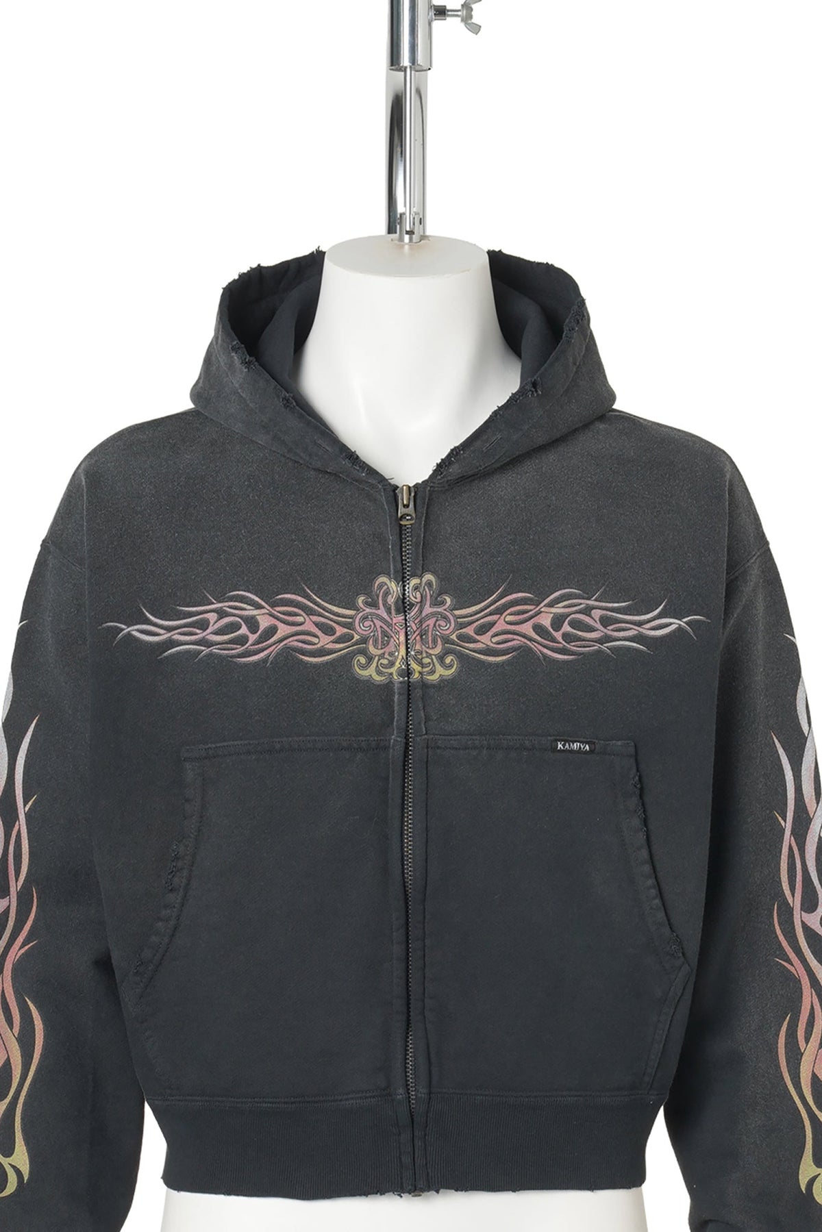 "FLAME KMY" ZIP SHORT HOODIE / BLACK