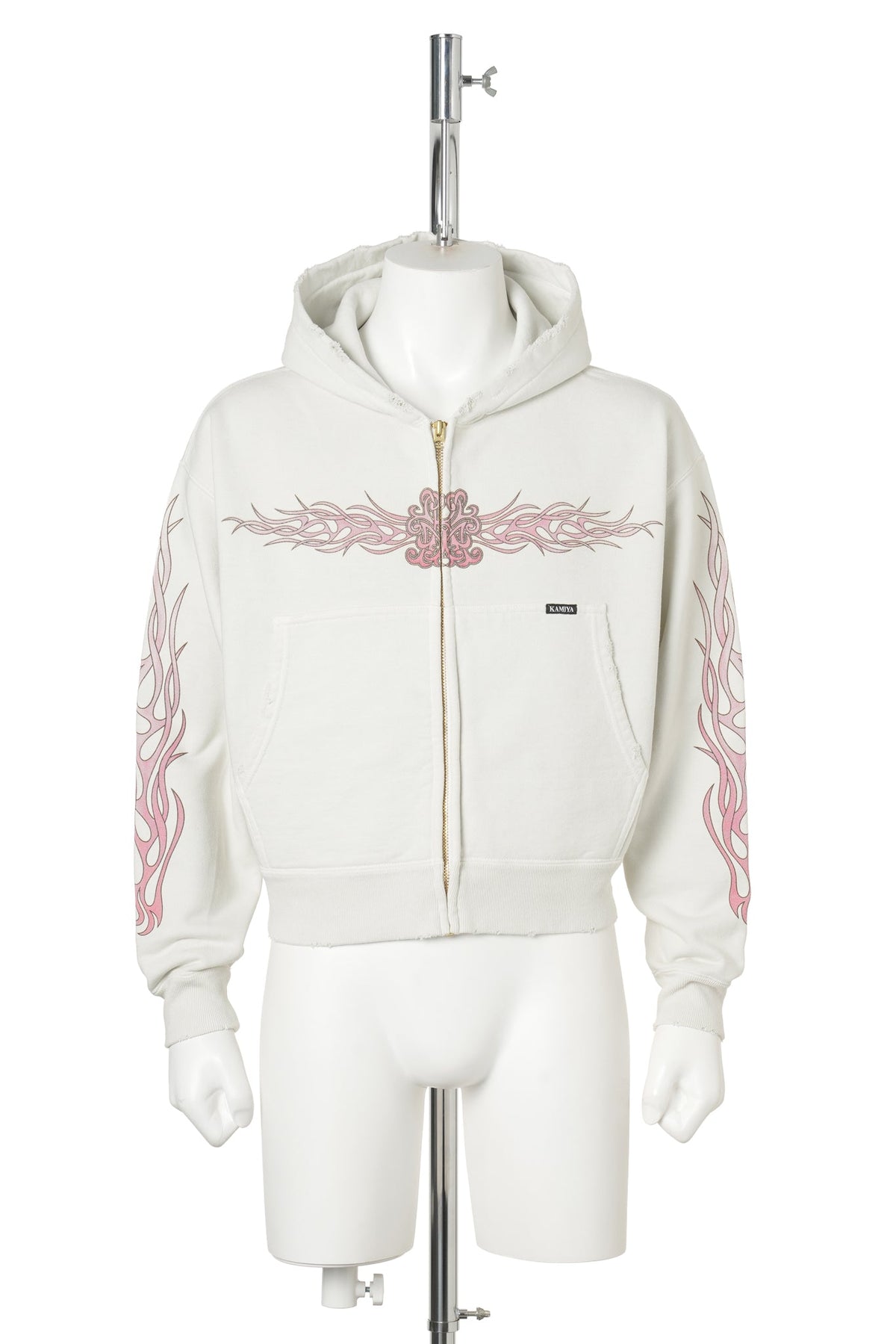 "FLAME KMY" ZIP SHORT HOODIE / WHITE