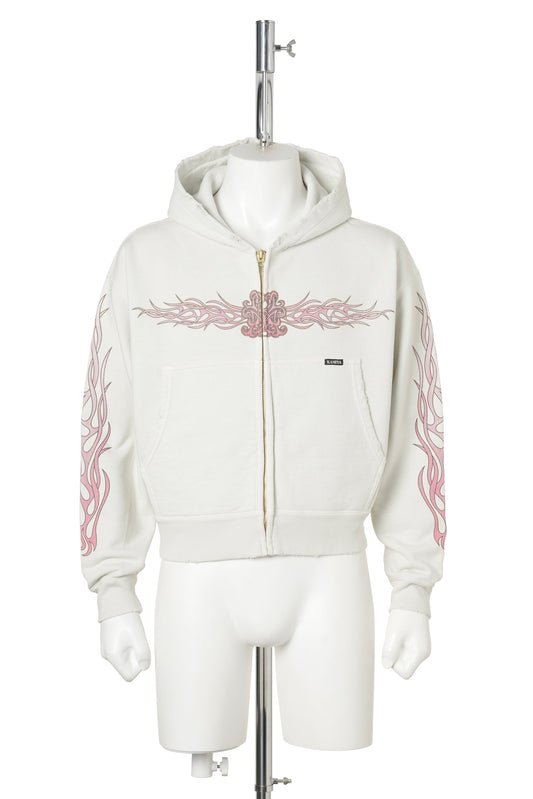 "FLAME KMY" ZIP SHORT HOODIE / WHITE