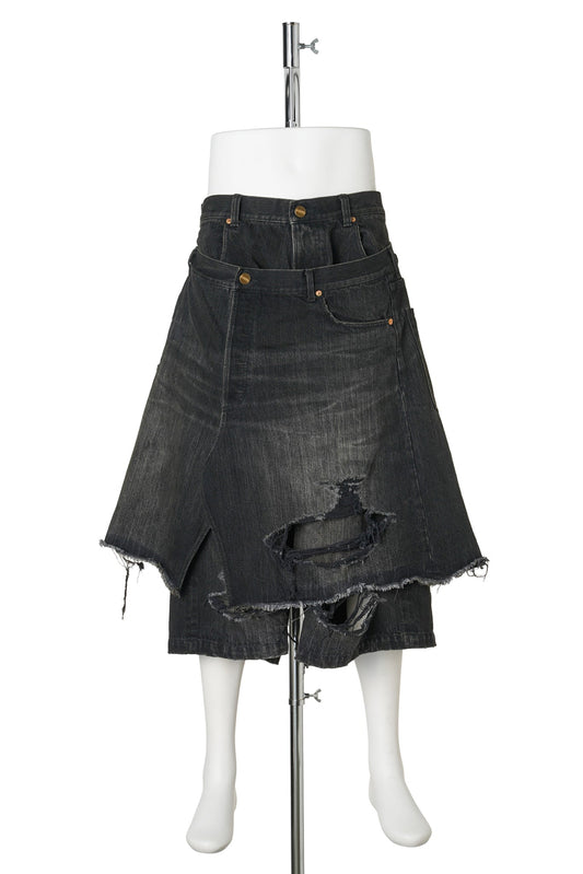 REPAIRED LAYERED DENIM SHORTS / BLACK