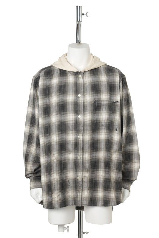 OG CHECK SUN-FADED HOODED SHIRT / BLACK