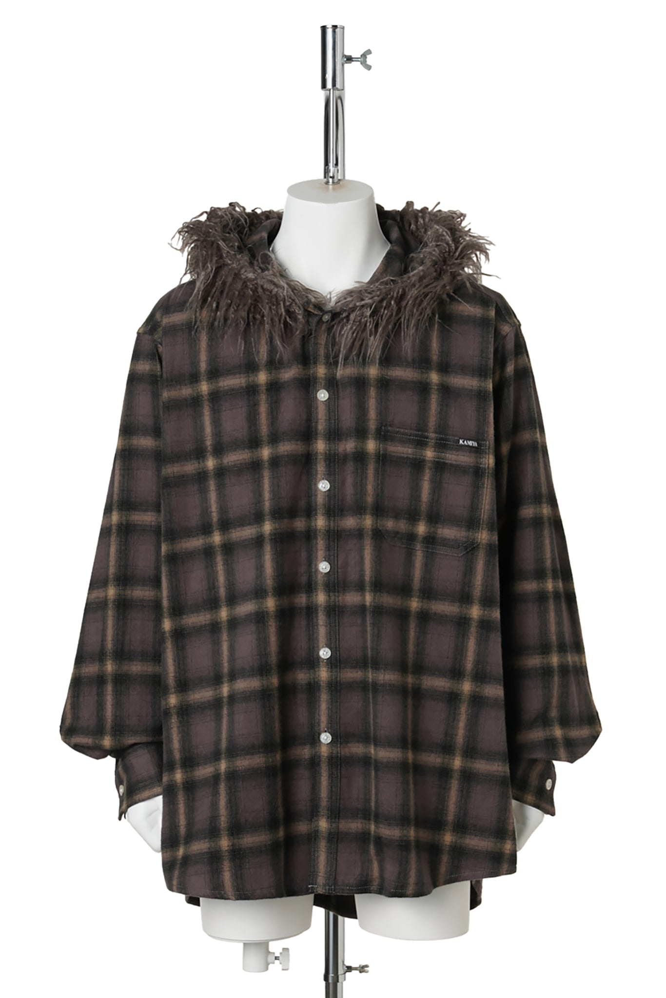 FUR-TRIMMED HOODED CHECK SHIRT / BROWN