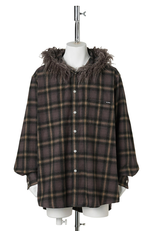 FUR-TRIMMED HOODED CHECK SHIRT / BROWN