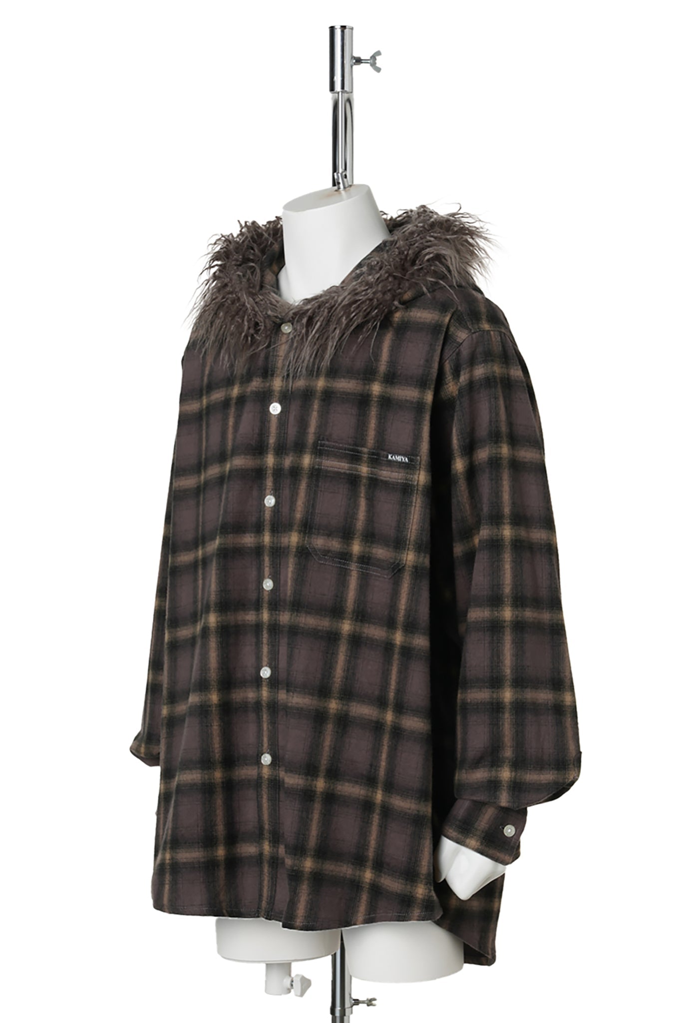 FUR-TRIMMED HOODED CHECK SHIRT / BROWN